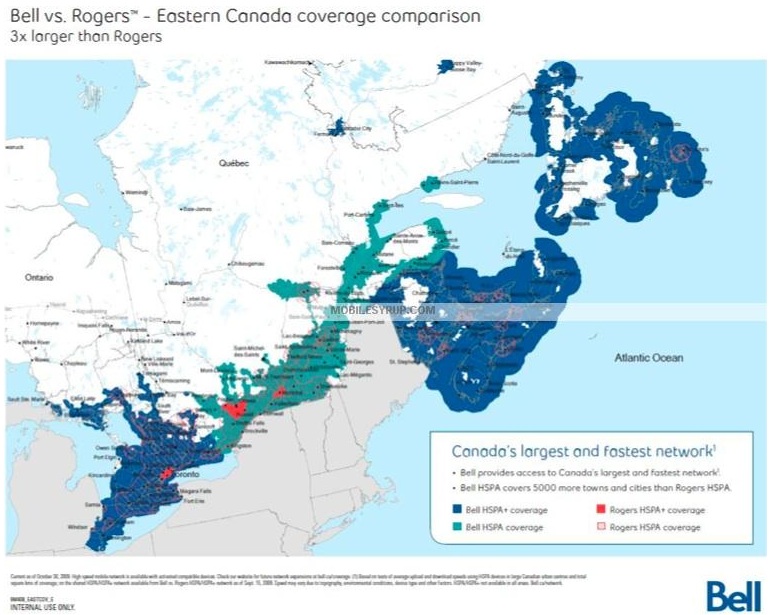 According to Bell's coloured map, they dominate over Rogers when it comes to coverage