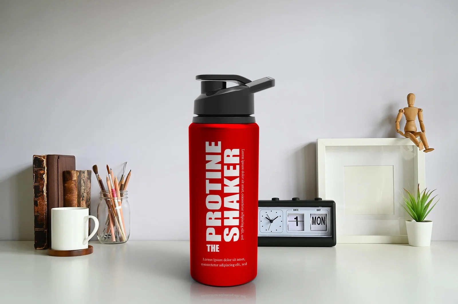 Free Red Metallic Protein Shaker Mockup PSD Template