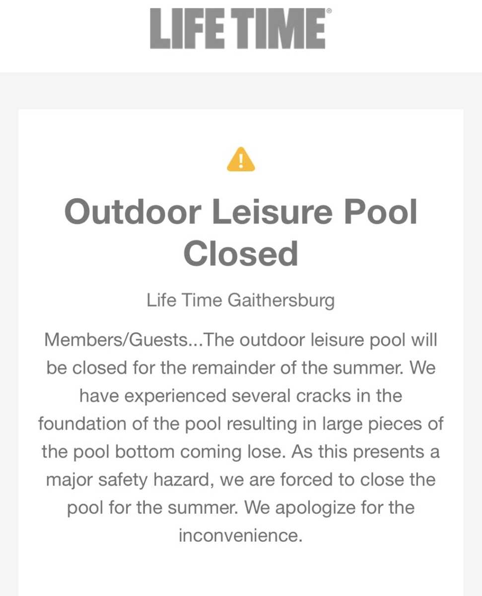Outdoor Pool at Lifetime (Gaithersburg) has Closed for the Summer The