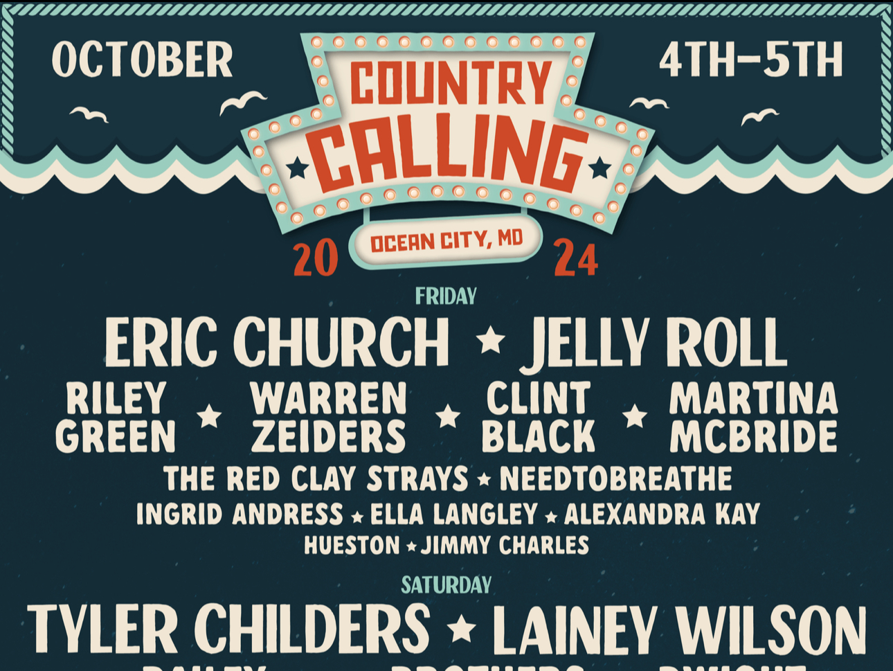 First 'Country Calling' Festival in Ocean City to be Headlined by Eric Church, Lainey Wilson, Tyler Childs, and Jelly Roll The MoCo Show First 'Country Calling' Festival in Ocean City to be Headlined by Eric Church, Lainey Wilson, Tyler Childs, and Jelly Roll The MoCo Show