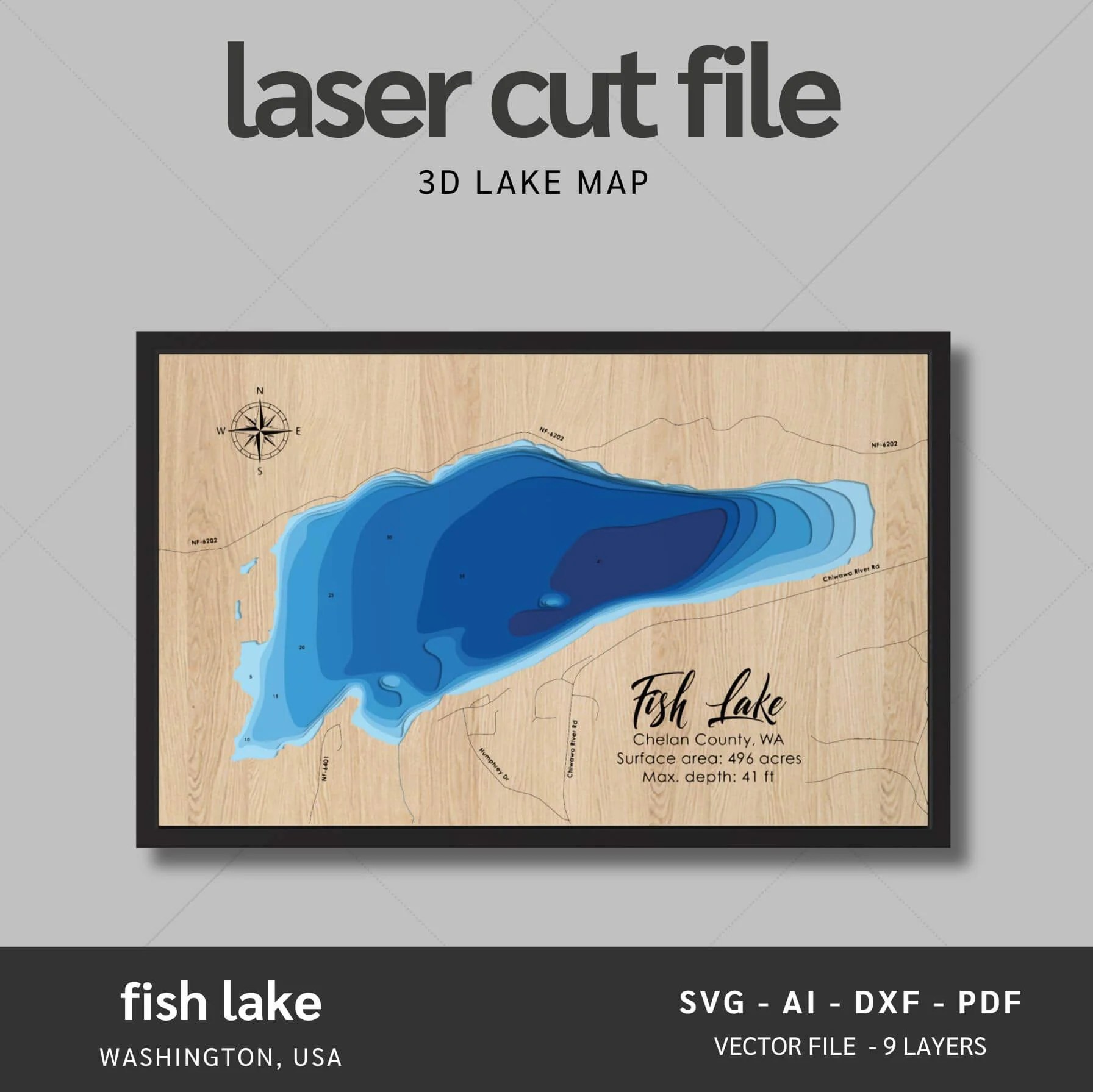 Fish Lake, Washington Laser Map Files 9 Layers Svg/Ai/Dxf/Pdf Moc Tho