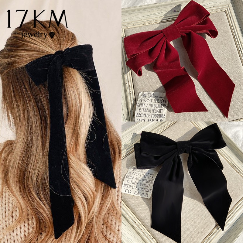 17KM Vintage Black Big Large Velvet Bow Hair Clip For Women Girls
