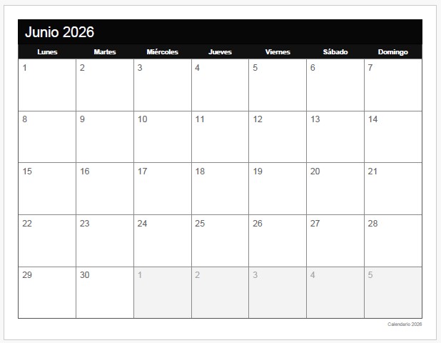 Calendario de junio 2026 para Imprimir Gratis Formatos JPG, PDF y Excel