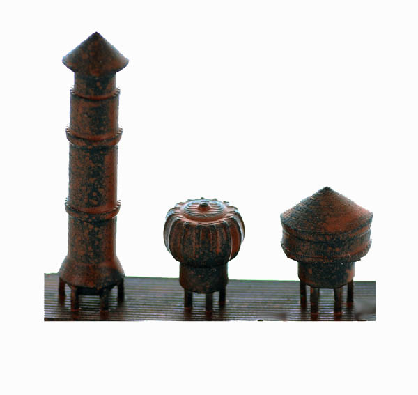 O Scale Detail FACTORY Style Roof Vents, 3 Pack RUSTED