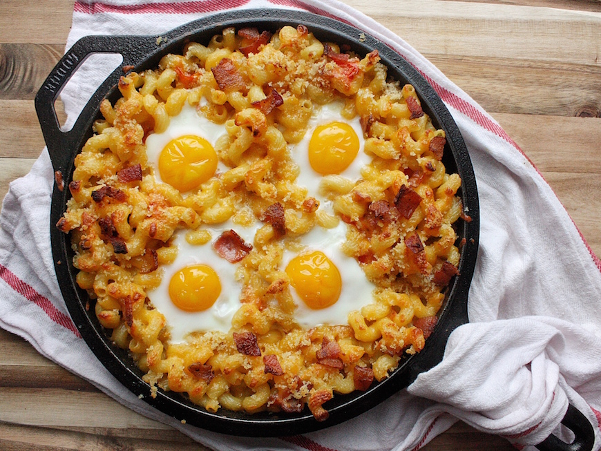 Breakfast Mac and Cheese with Baked Eggs Indulgent Eats NYC Food