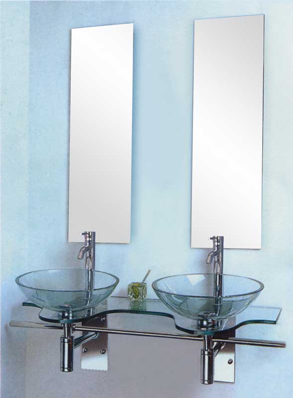 double glass washbasin stainless steel rackk and double bathroom mirror