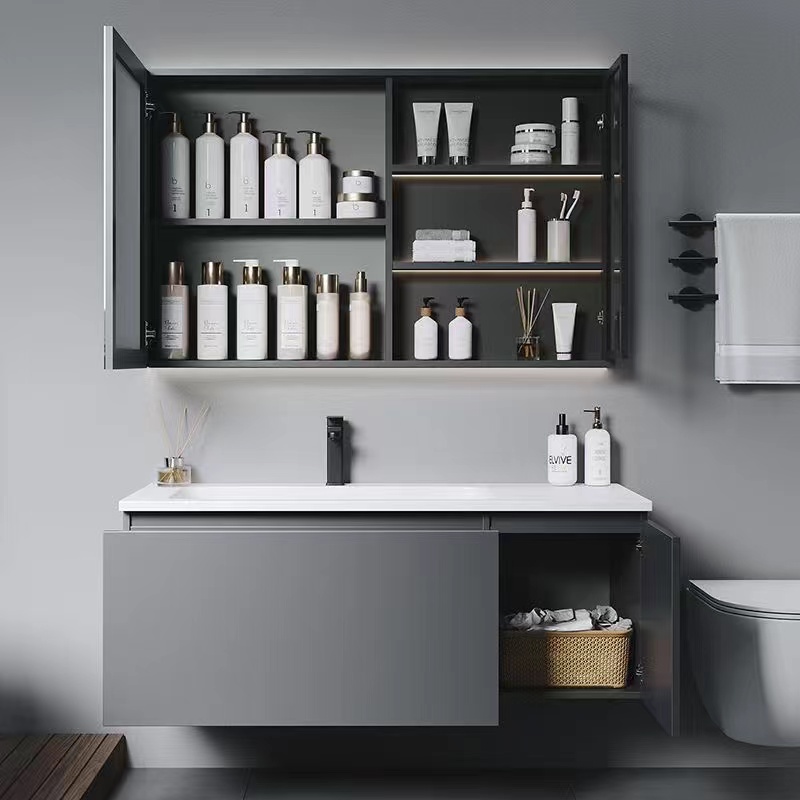 grey basin bathroom vanity set with molding basin