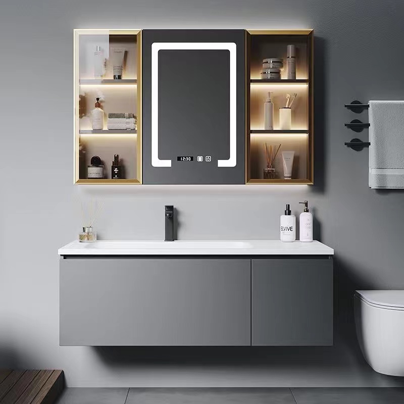 grey basin bathroom vanity set with molding basin