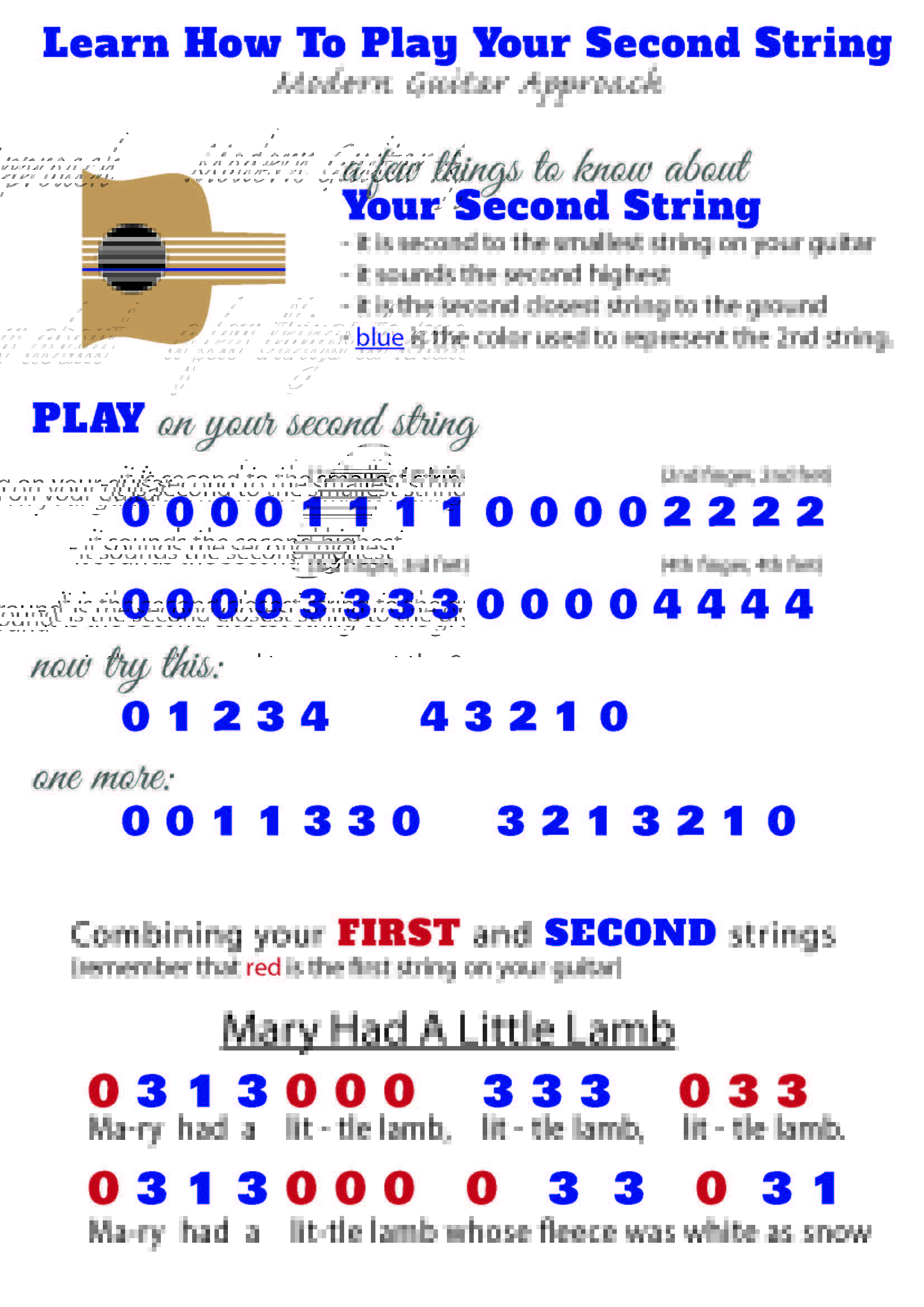 Learn How To Play Your Second String - this is one of the FIRST papers I give my students.  It helps them become familiar with the guitar and the second string.  This sheet gets them playing the second string and then combining it with the first. There is even a song to play at the end.  #learnguitar #guitarlessons Modern Guitar Approach
