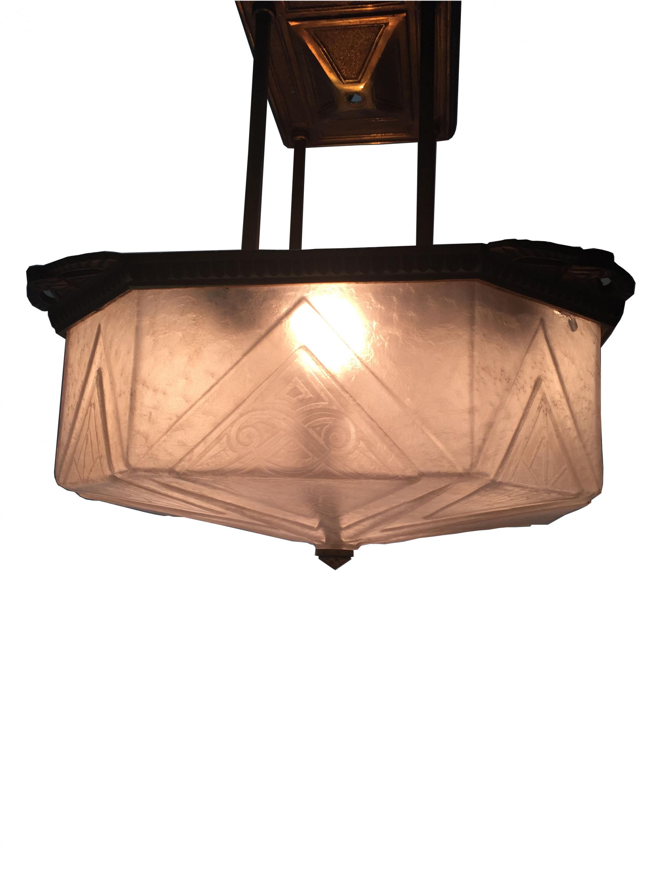 French Art Deco Ceiling Light With Frosted Geometric Glass Modernism