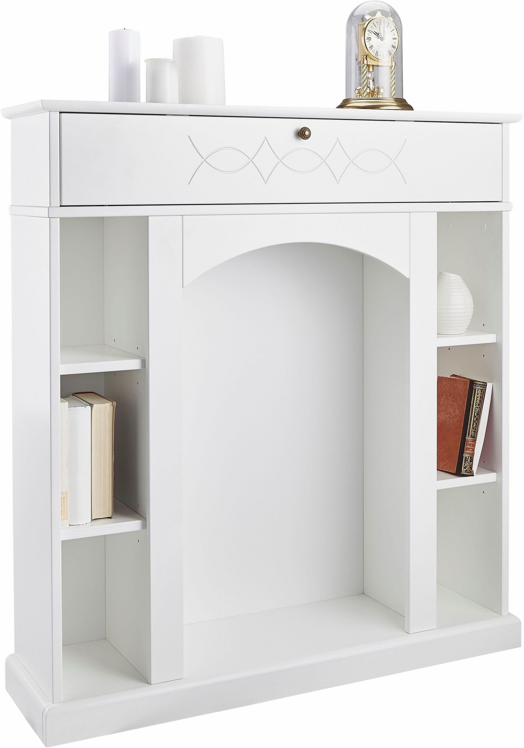Biała konsola kominkowa z półkami i szufladą Moders