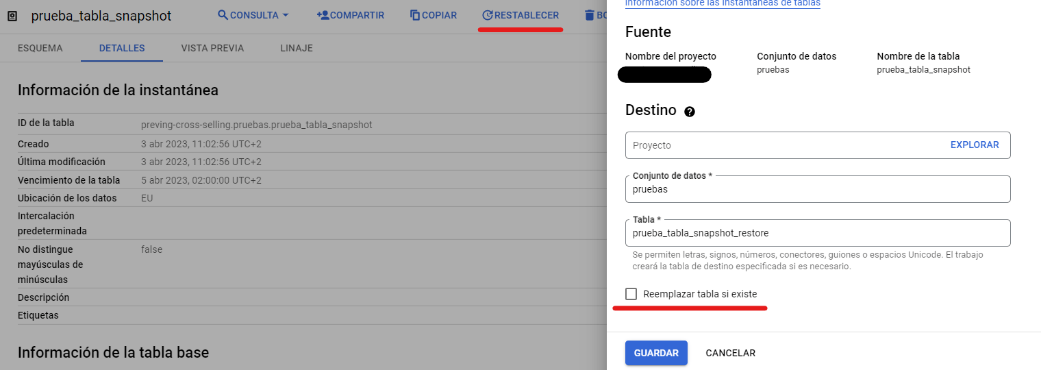 Cómo restaurar una tabla borrada de Bigquery Modo Debug