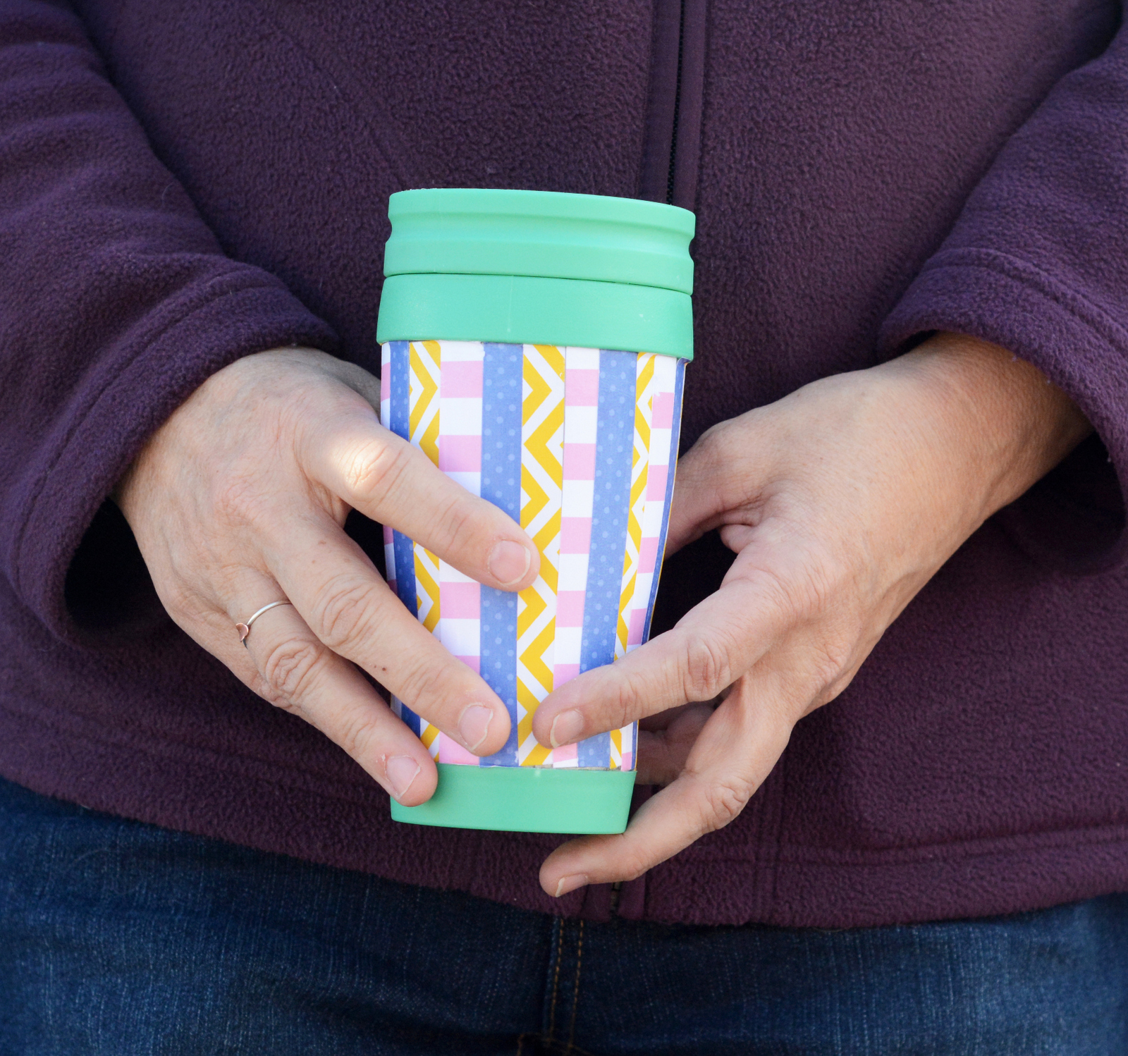 Scrappy striped DIY travel mug Mod Podge Rocks