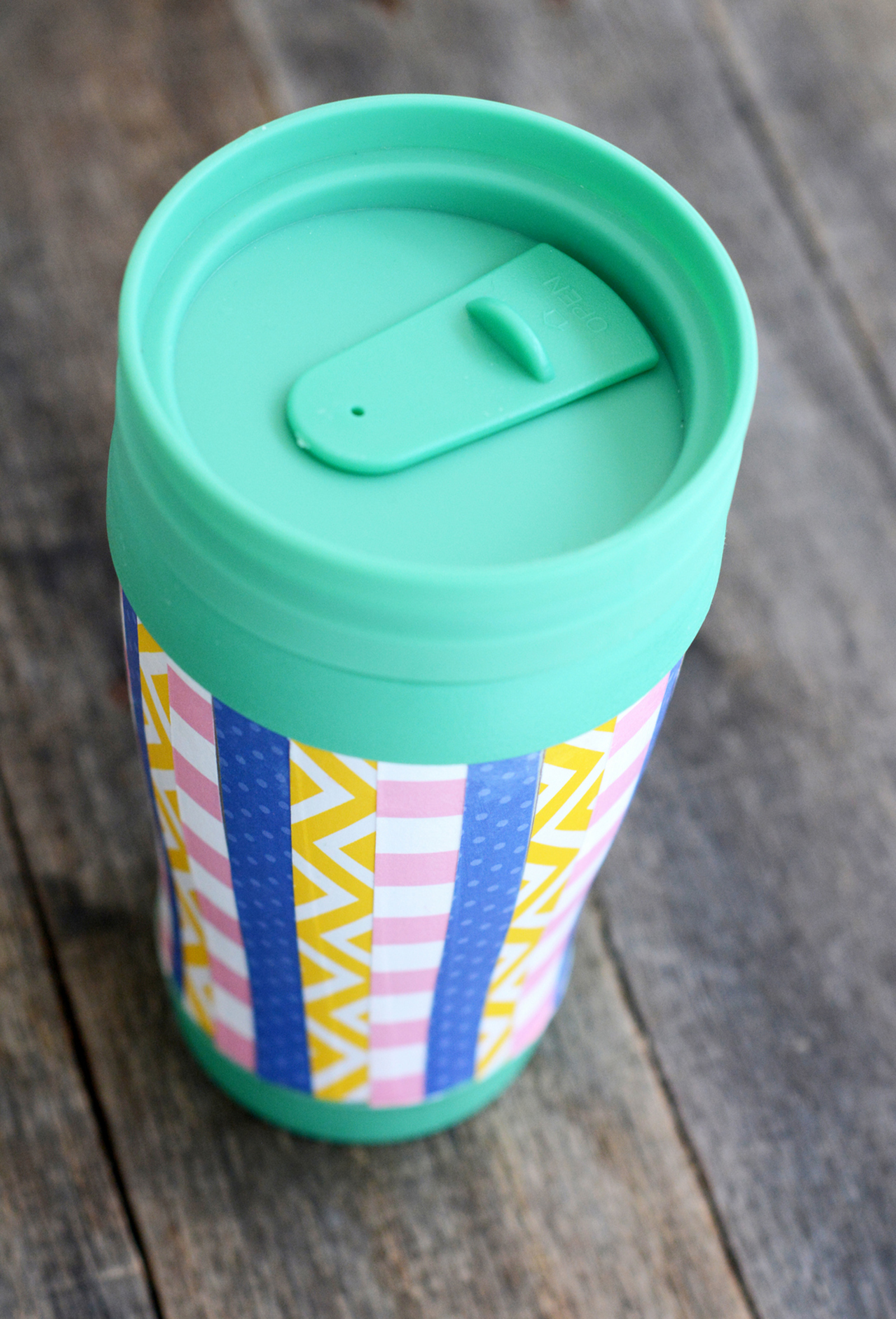 Scrappy striped DIY travel mug Mod Podge Rocks