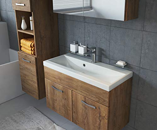 Badezimmer Badmöbel Set Paso LED 80 cm Waschbecken Lefkas (Braun