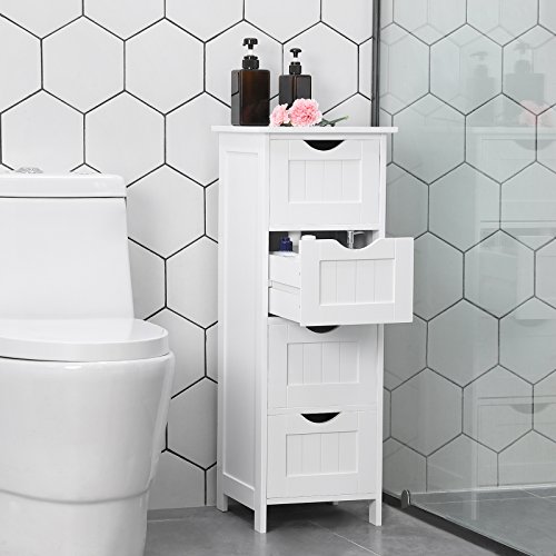 VASAGLE Badezimmerschrank, schmaler Badschrank aus Holz mit 4