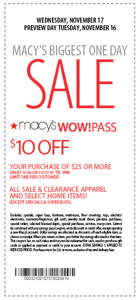 Macy's Printable Coupon: $10 Off $25