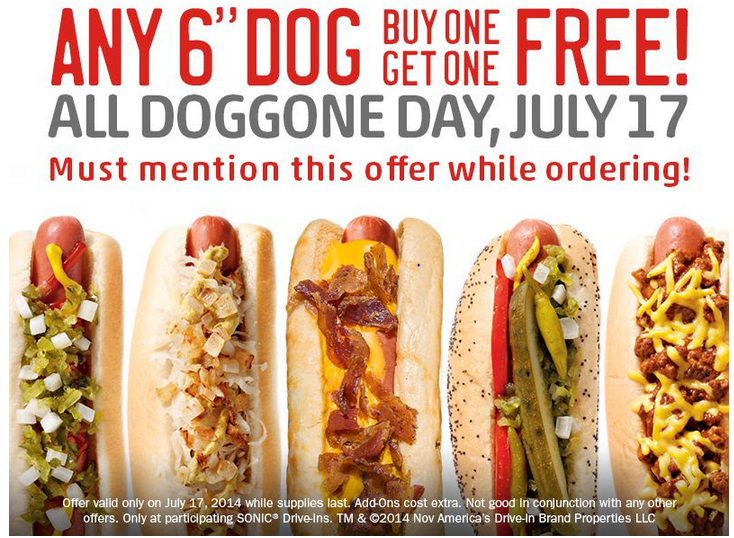 Buy One Get One Free 6" Hot Dogs at Sonic Today!
