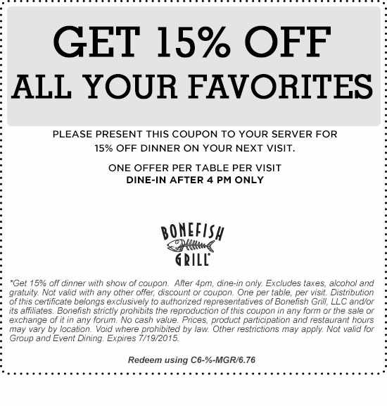 Bonefish Grill Coupon 15 Off!