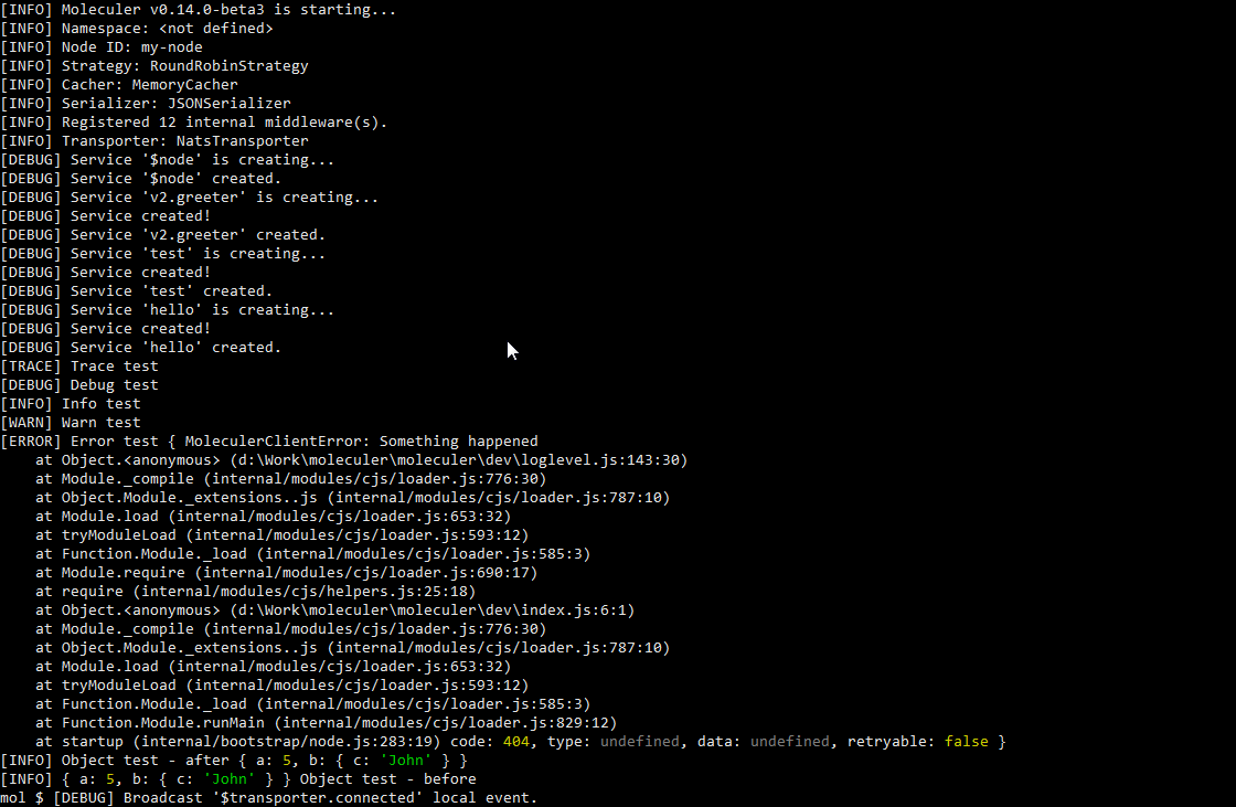 Logging Moleculer Progressive microservices framework for Node.js