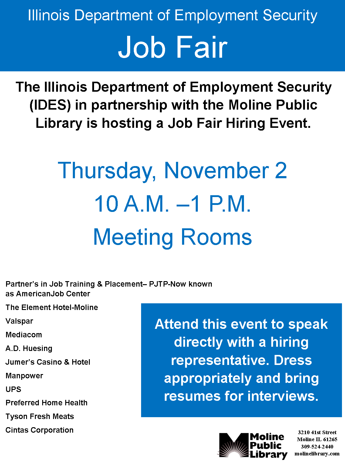 Looking for a job? Come to the library. Moline Library Adult Services