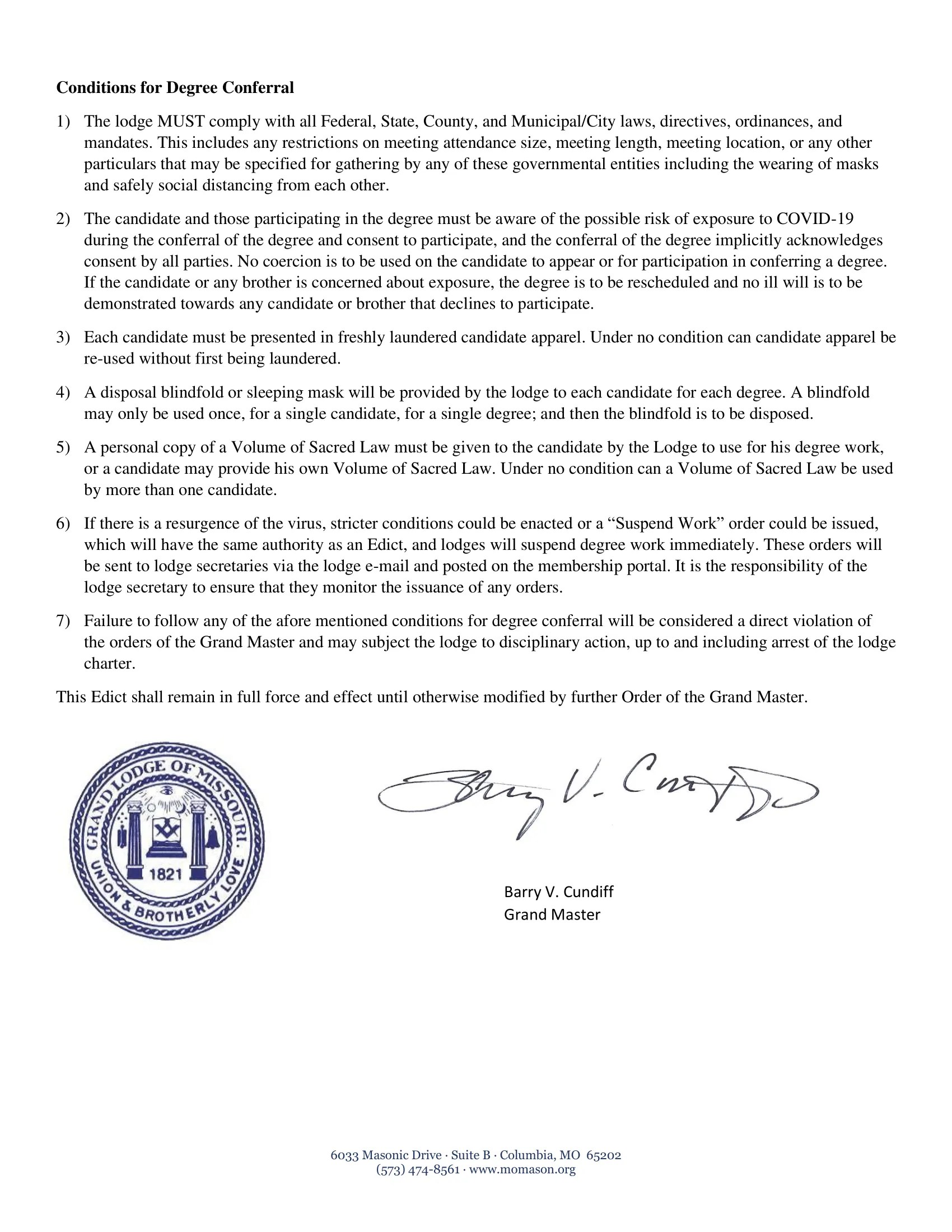 Edict The Grand Lodge of Missouri