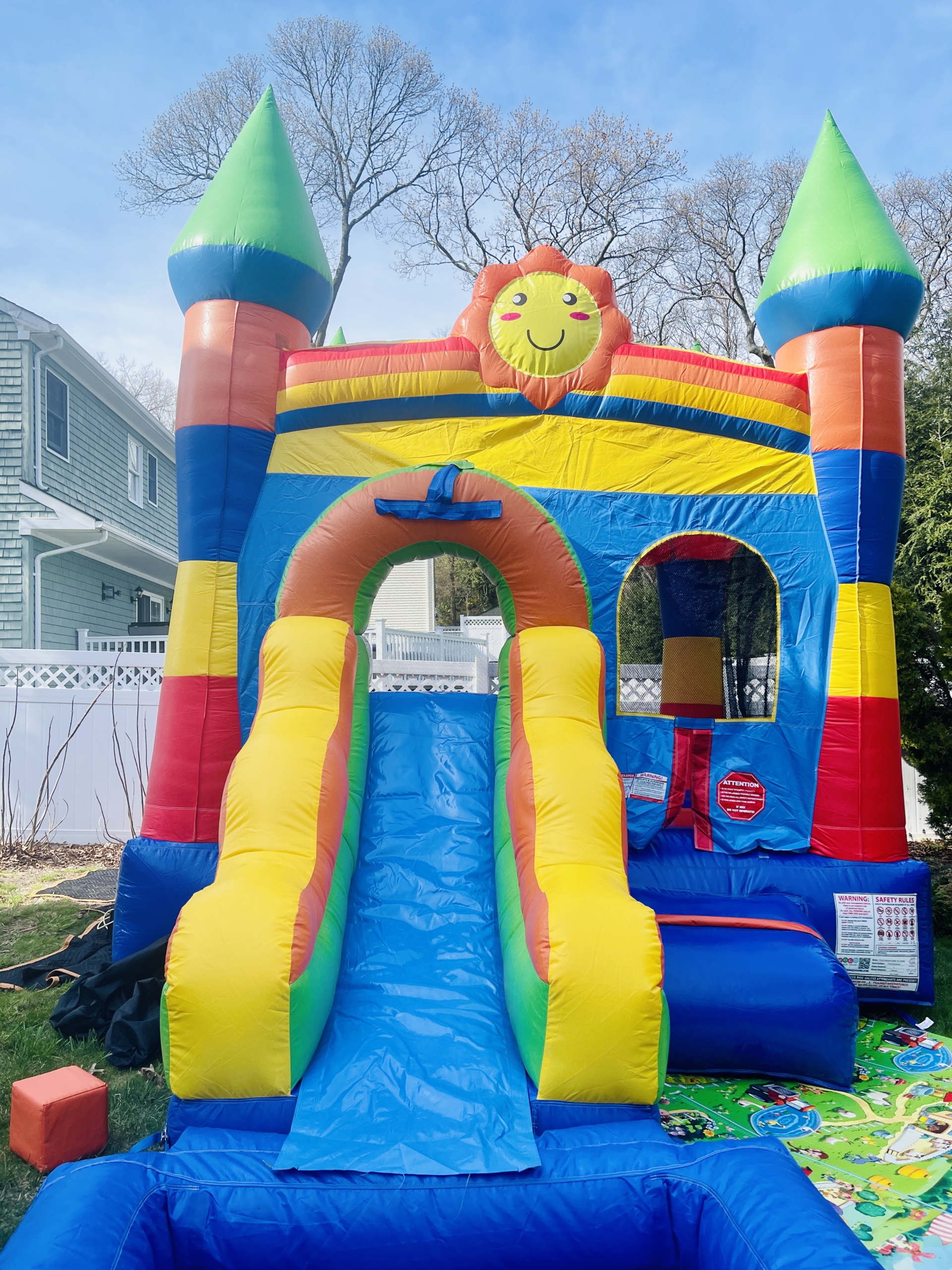 Rainbow Castle Smiley Face Bounce House Slide Combo Review Mommy's Bundle