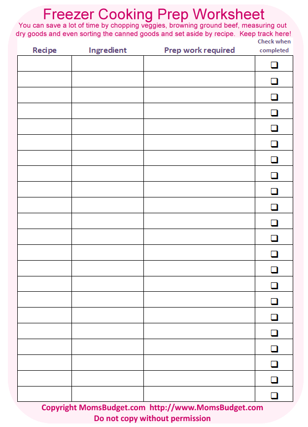 Freezer Cooking Prep Worksheet Pink Moms Budget
