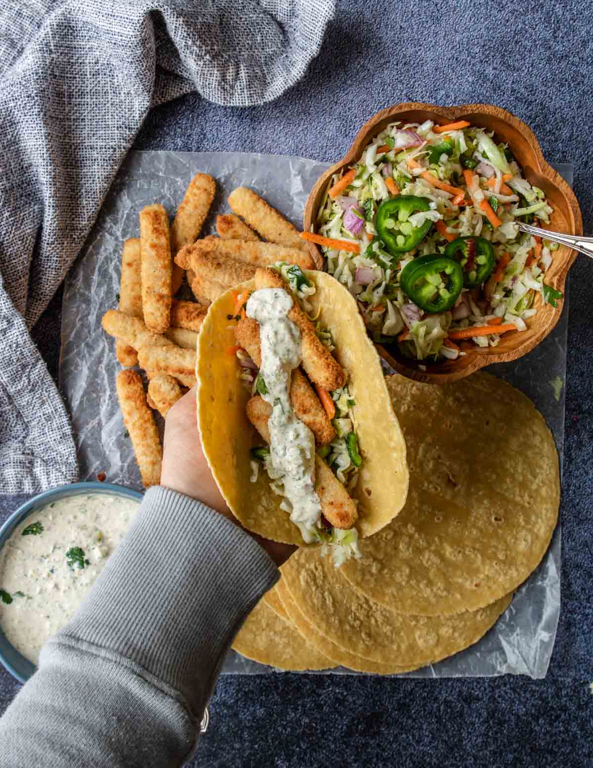 Fish Stick Tacos with Cilantro Slaw and Jalapeno Tartar Mom's Dinner