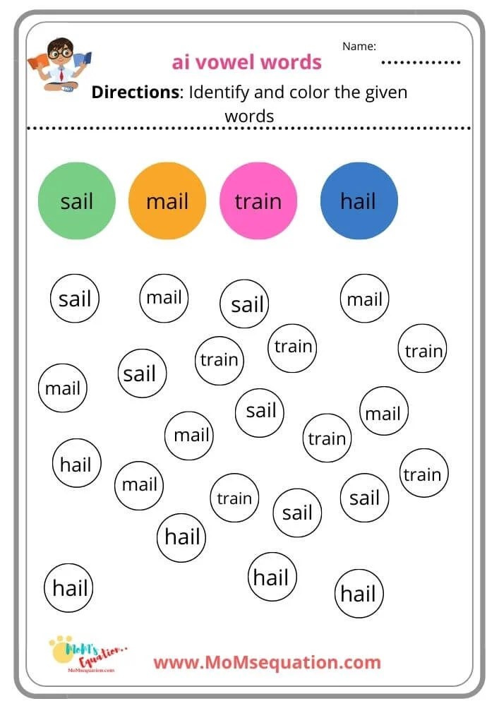 ai vowel digraphs word family worksheets Mom'sEquation