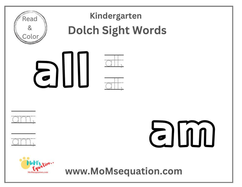 Trace and color Dolch sight words list for Kindergarten-52 sight words