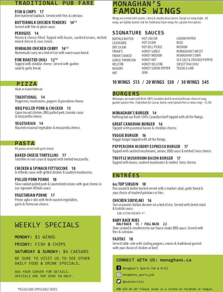 monaghans menu sports pub and grill oakville Monaghan's Sports Pub