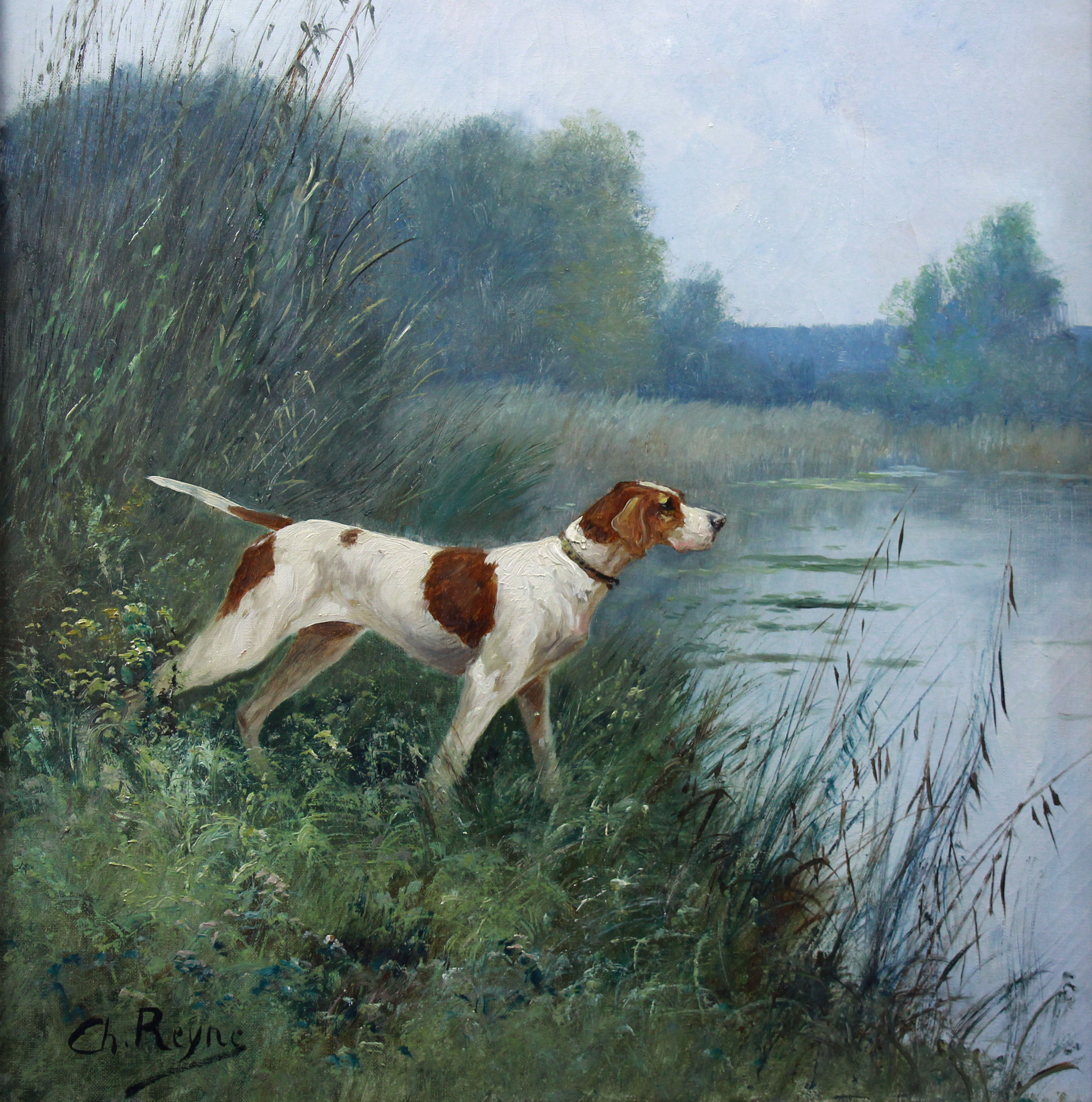 Antique oil painting hunting dog French school 19th