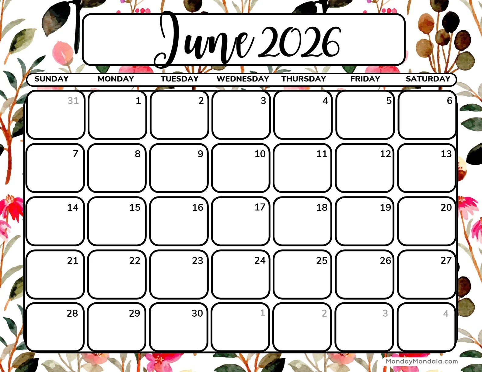 June Calendar 2026 Template Printable
