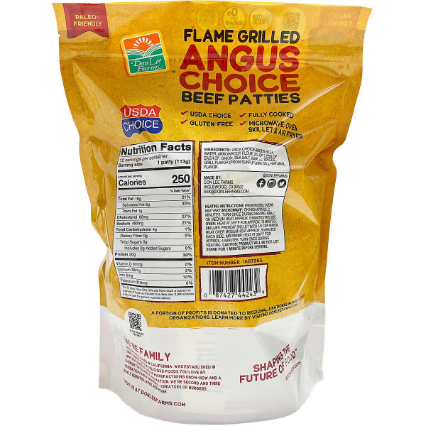 Don Lee Farms Angus Choice Beef Patties, Flame Grilled, 12/4 oz