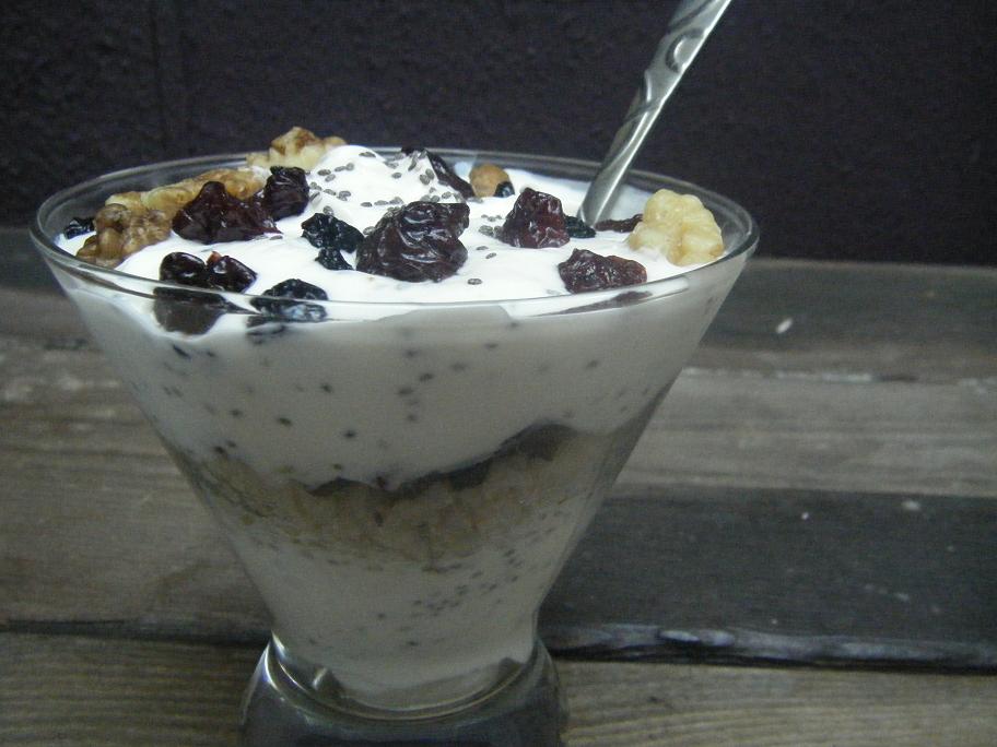 Greek Yogurt Parfait with Brown Rice, Chia Seeds, Nuts, and Fruit