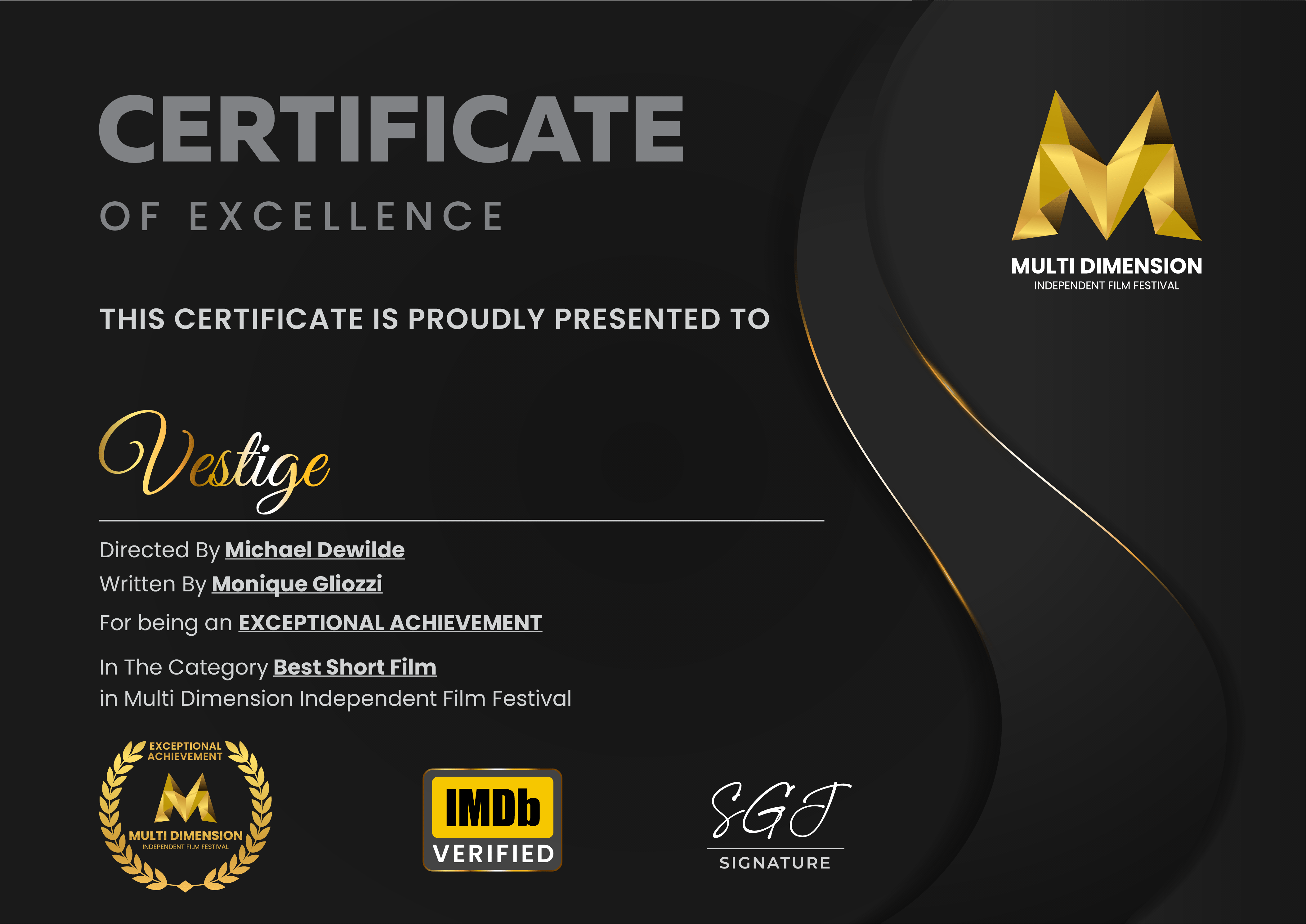 Certificate of Excellence Monique Gliozzi