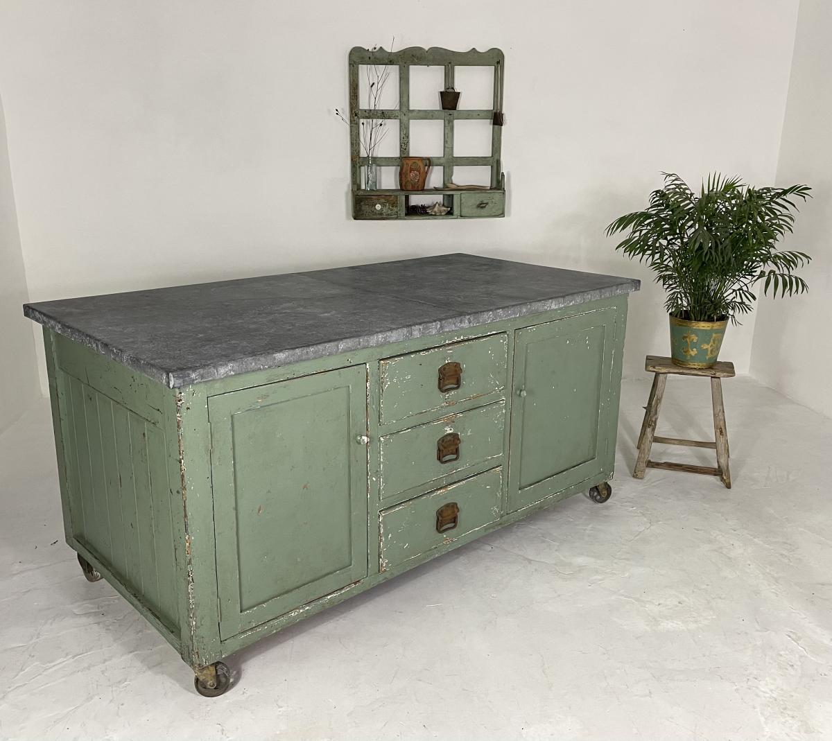Vintage Industrial Baker’s Table Kitchen Island Zinc Top