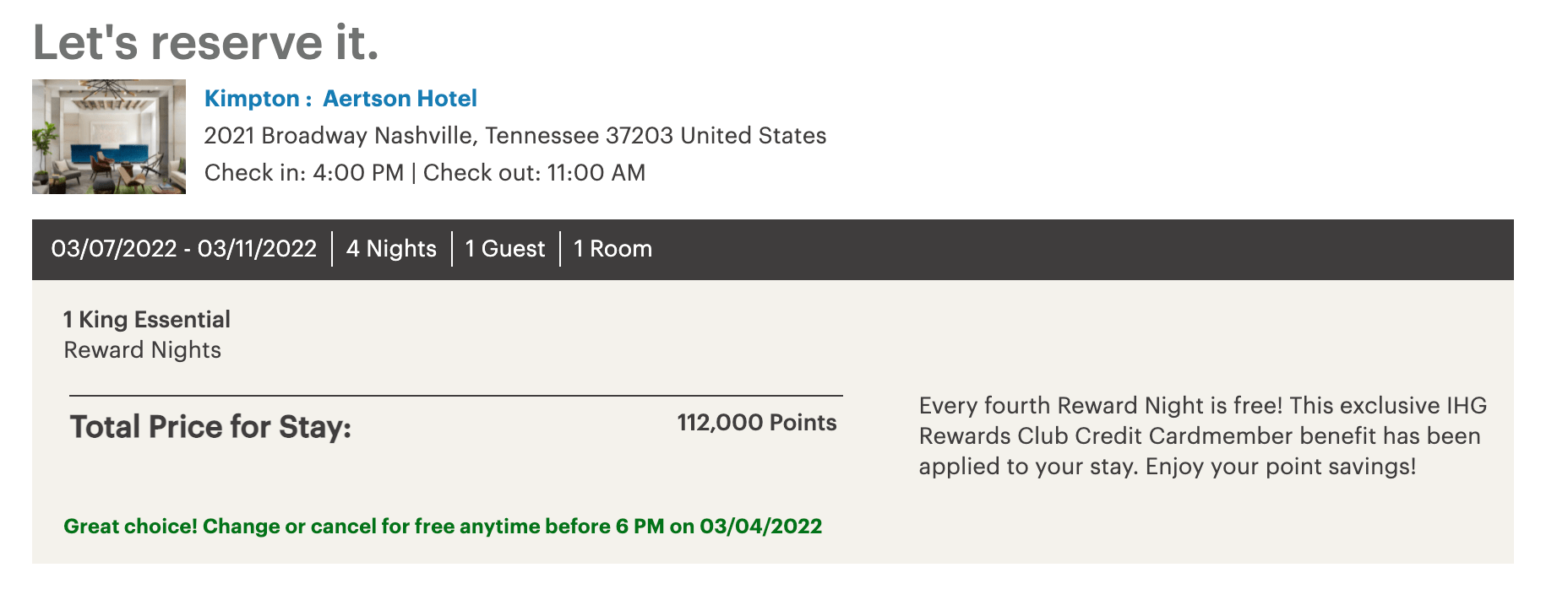 Buy IHG points Kimpton Aertson Example 2022 4 Monkey Miles