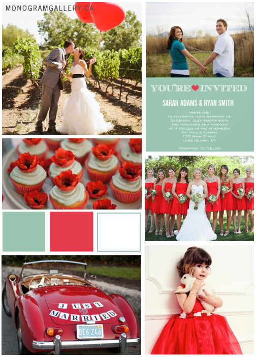 Mint Green Poppy Red Wedding Invitations Photo MonogramGallery.ca