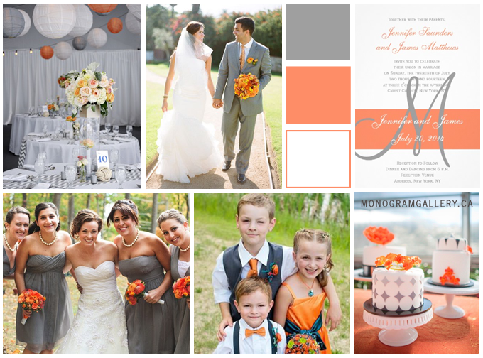 Orange Gray Wedding Invitations Simple Monogram MonogramGallery.ca