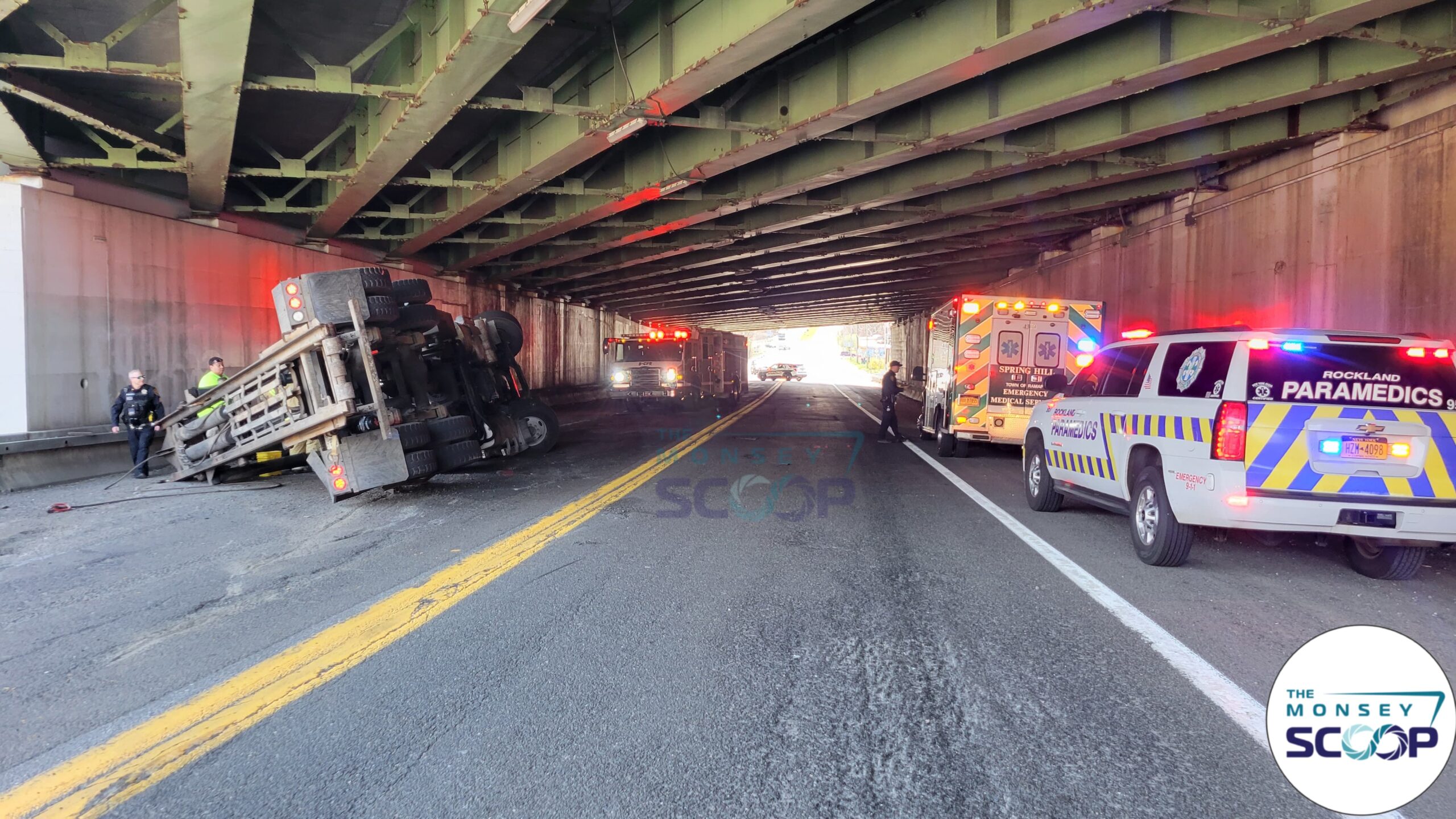 Dump Truck Overturns on Route 17 in Hillburn After Striking Overpass