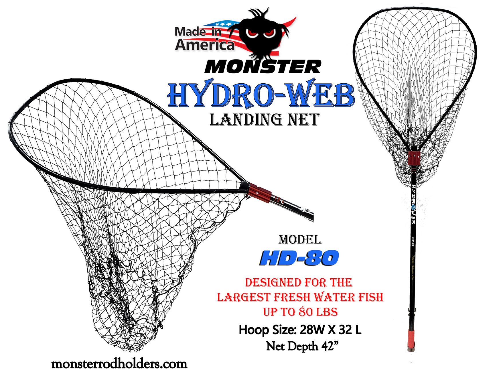 HD80 Hydroweb Heavy Duty Catfish Landing Net Monster Rod Holders