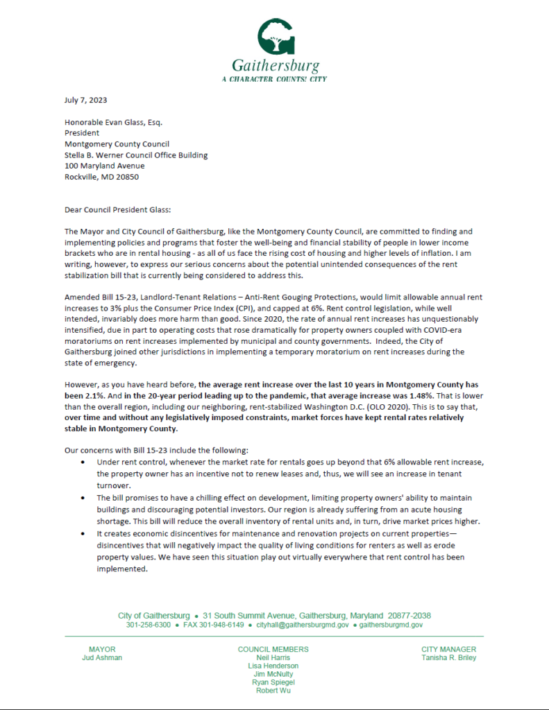 Gaithersburg to Council No on Rent Control Montgomery Perspective