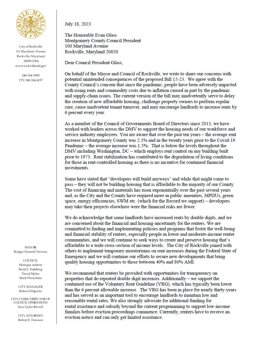 Rockville Speaks Out on “Unintended Consequences” of Rent Control