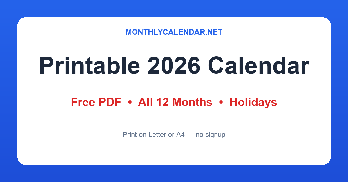 Printable 2026 Calendar Free Monthly PDF, All 12 Months