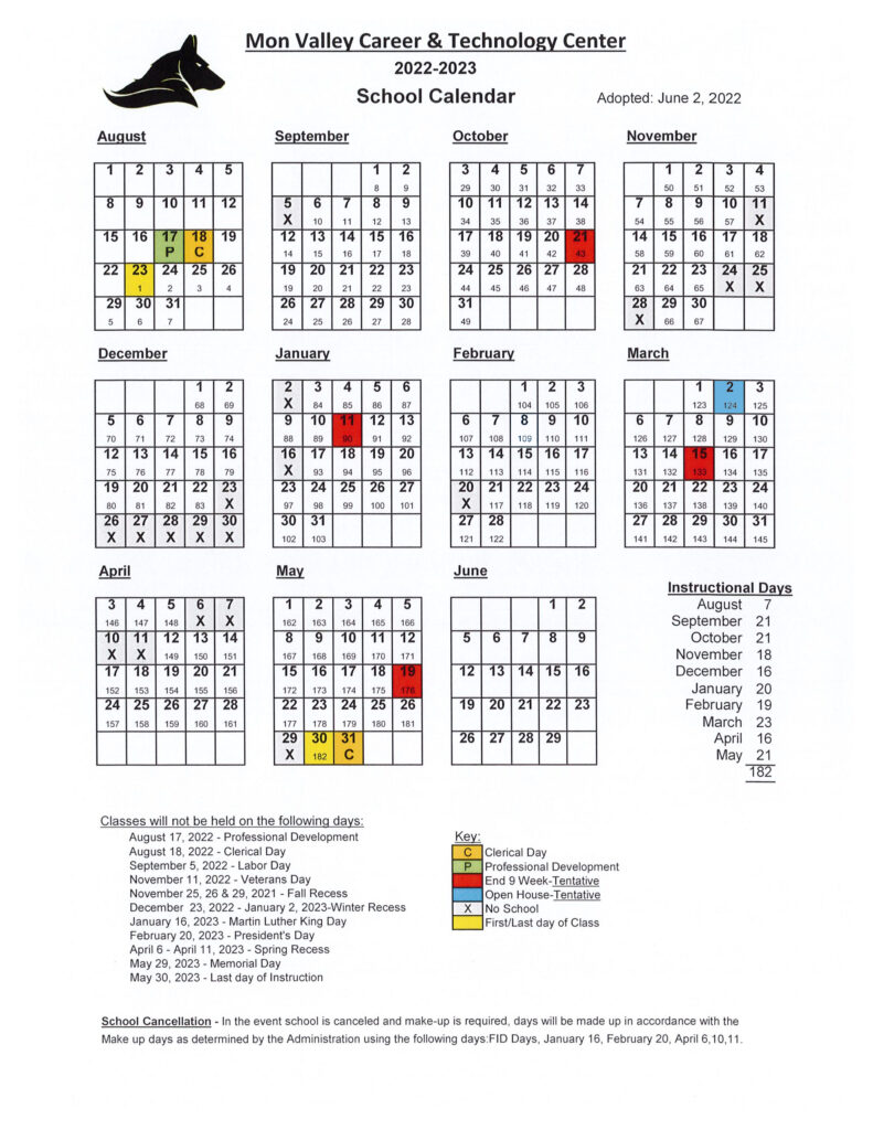 School Calendar Mon Valley CTC