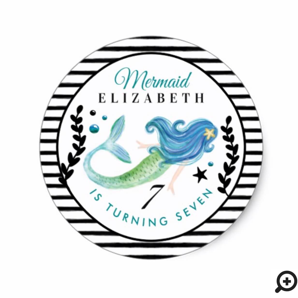 Black Stripes Mermaid Birthday Swimming Pool Party Classic Round