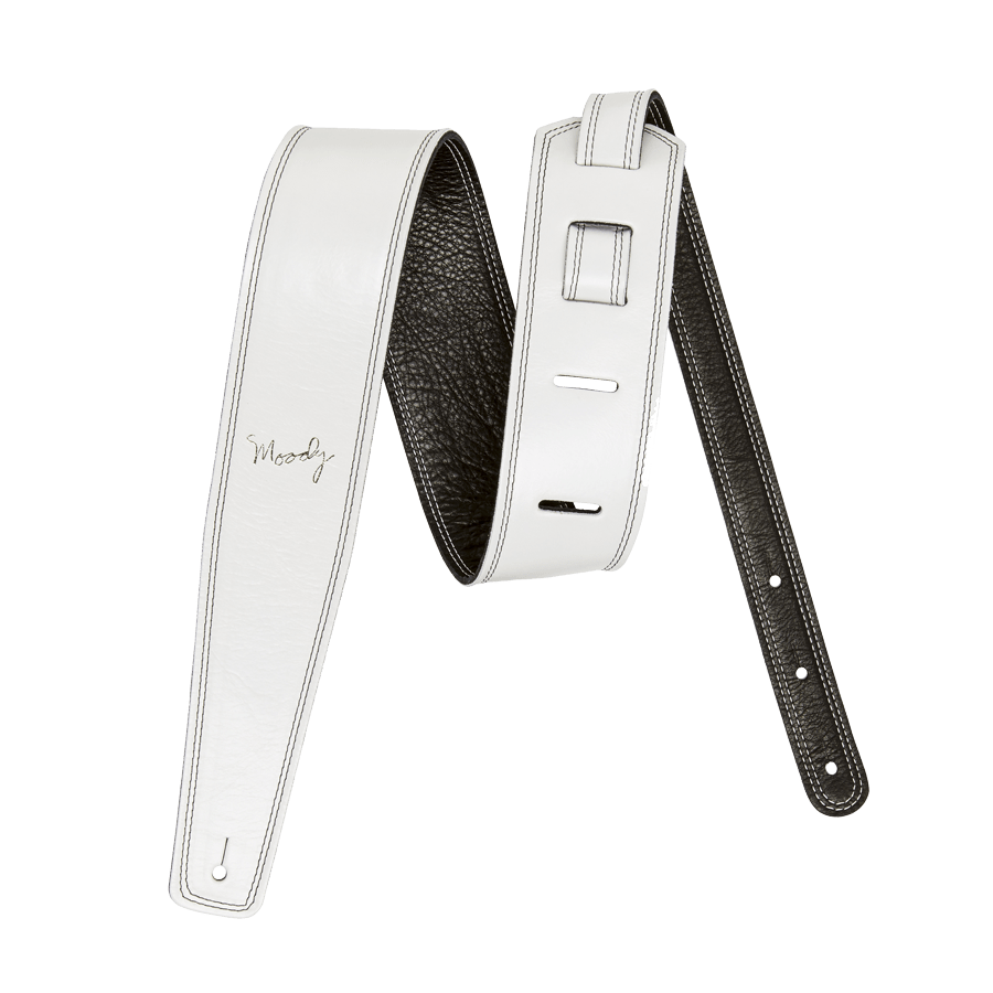 2.5" White with Black Leather Backed Luxury Guitar Strap Moody Leather