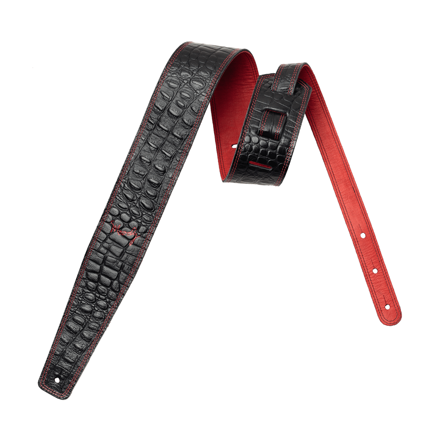 Faux Gator Leather Backed Guitar Strap. 2.5" with Brown on Red Moody Leather